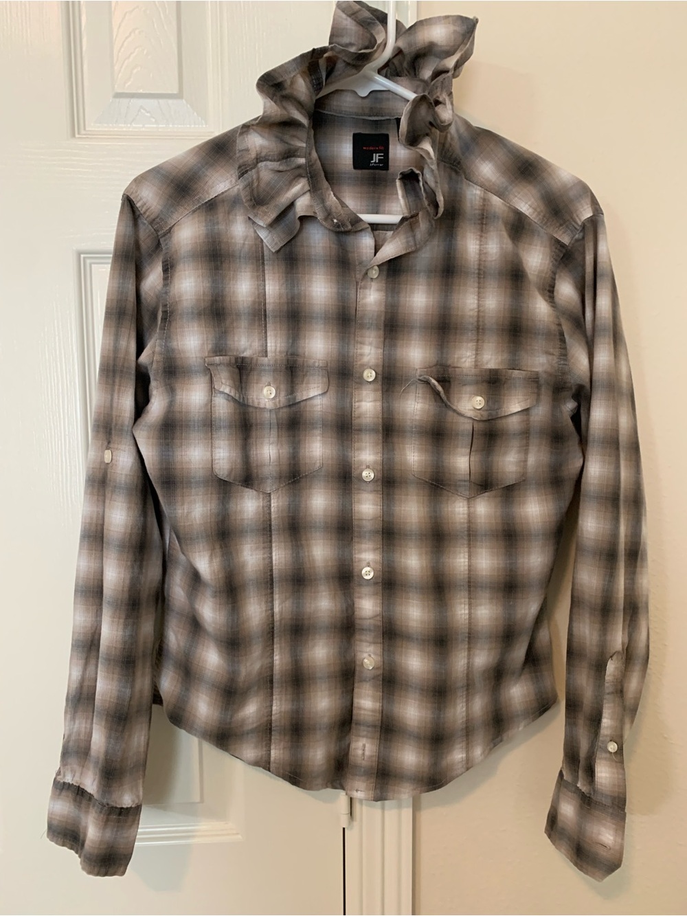 jf j.ferrar Tan and Cream Plaid Modern Fit Button-Up Shirt
